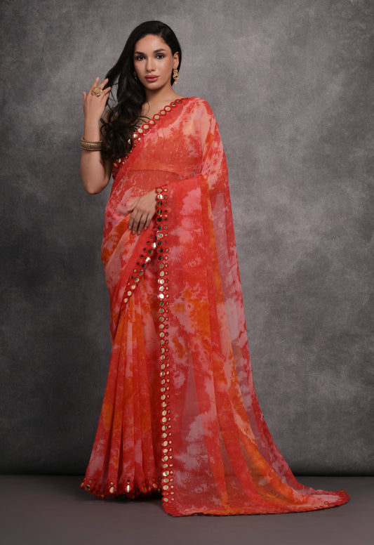 Jyoti Fashion Women's Red Chiffon Print with Mirror Work Designer Saree with Blouse | Swadesiicart