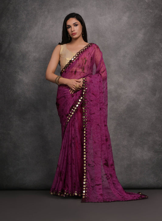 Jyoti Fashion Women's Wine Chiffon Print with Mirror Work Designer Saree with Blouse | Swadesiicart