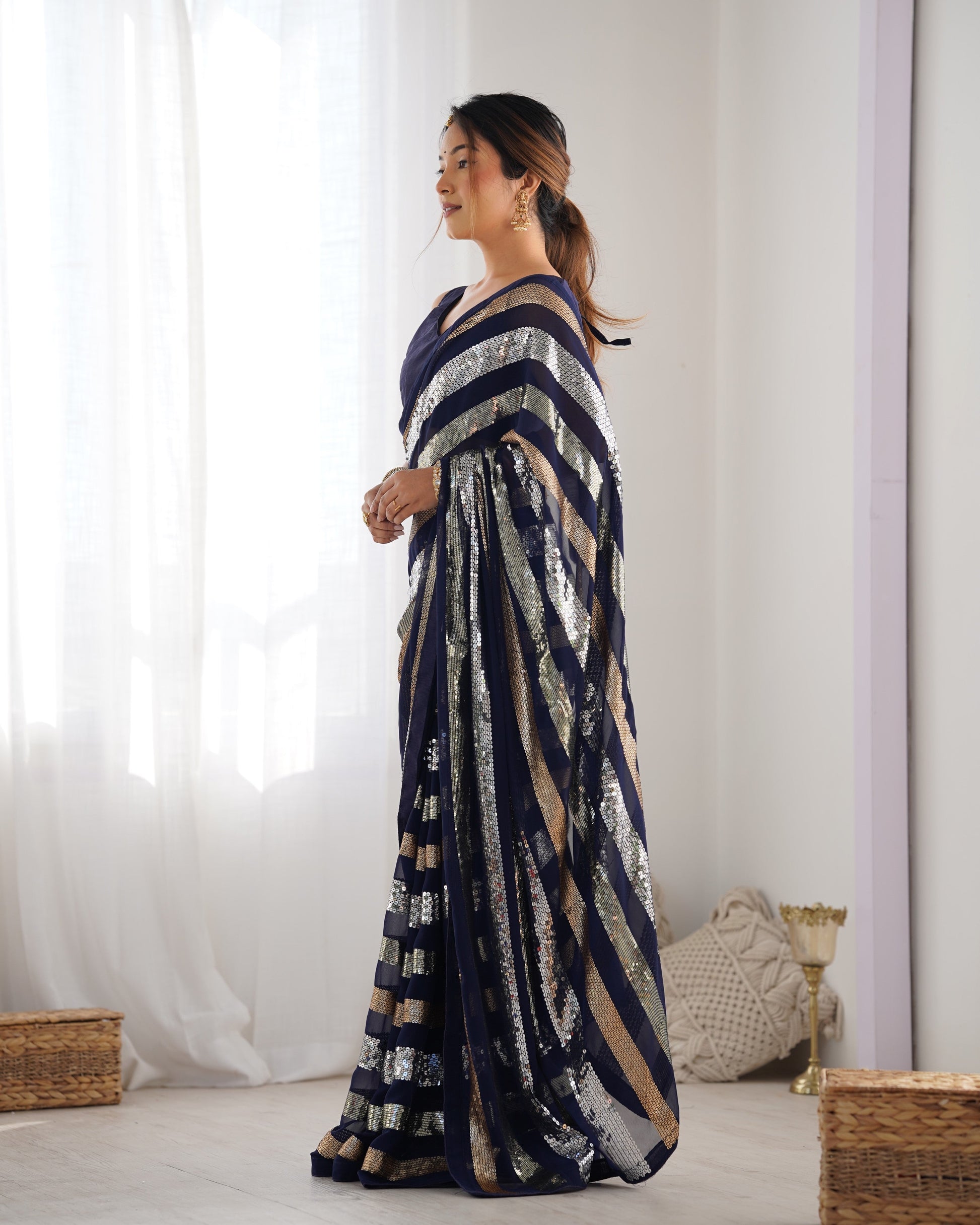 Jyoti Fashion Women's Navy Blue Georgette Sequins Designer Saree with Blouse