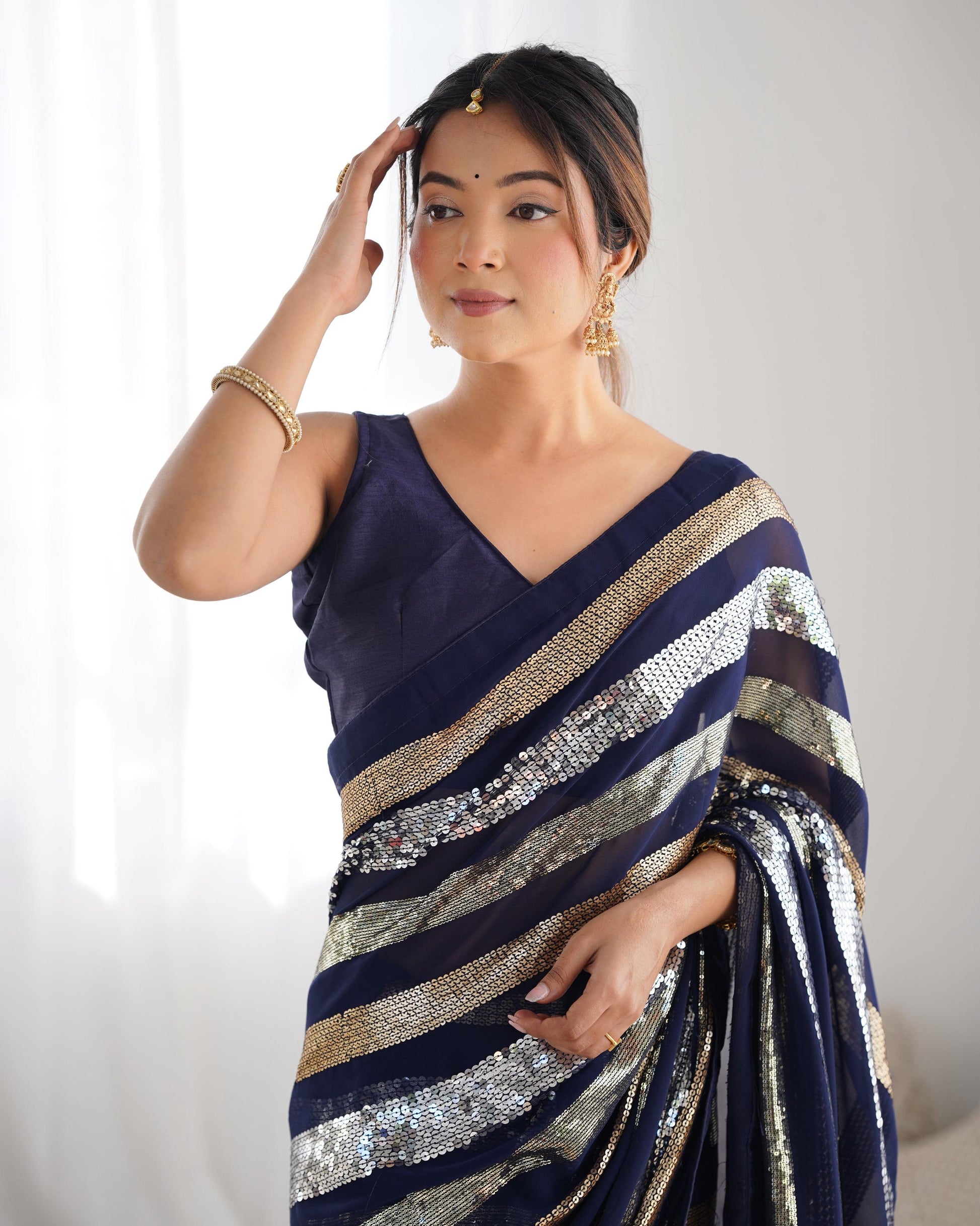 Jyoti Fashion Women's Navy Blue Georgette Sequins Designer Saree with Blouse