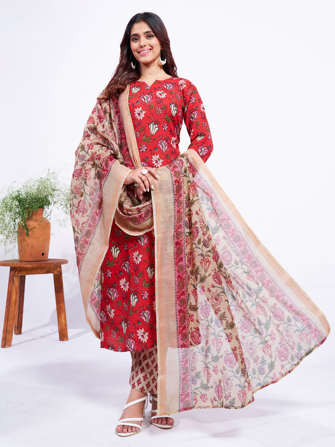 Jyoti Fashion Women's Red Cotton Blend Printed Designer Kurta Set with Dupatta | Grab2Buy