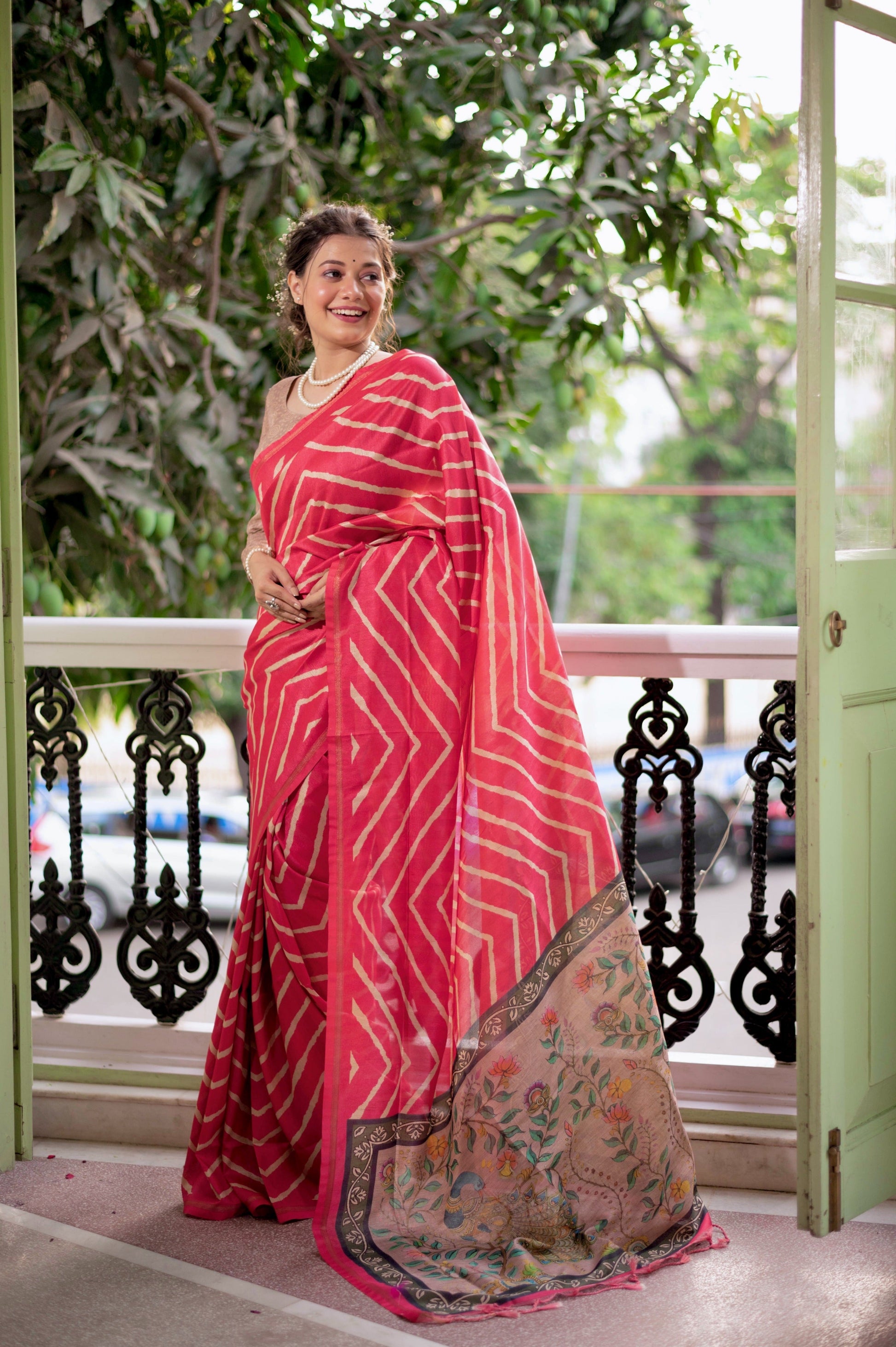 Jyoti Fashion Women's Gajri Tussar Silk Leheriya Print with Zari Border Saree with Blouse | Swadesiicart