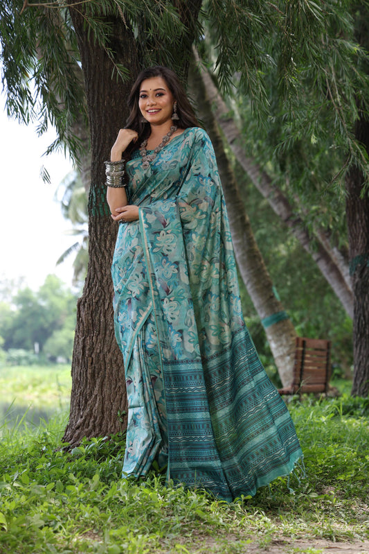 Jyoti Fashion Women's Sky Blue Soft Tussar Silk Printed and Zari Woven Saree with Blouse | Swadesiicart