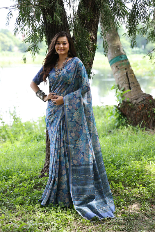 Jyoti Fashion Women's Blue Soft Tussar Silk Printed and Zari Woven Saree with Blouse | Swadesiicart