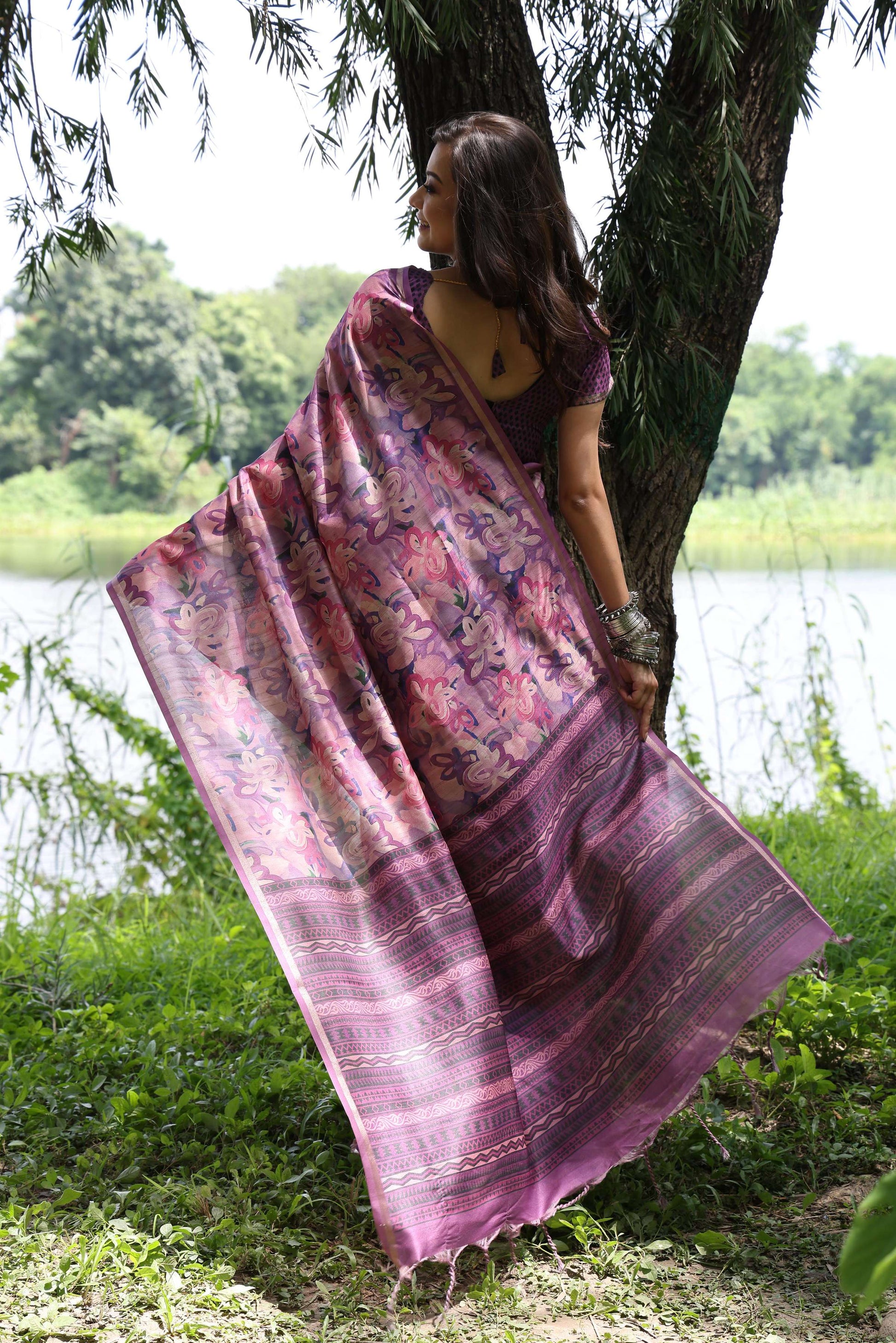 Jyoti Fashion Women's Maroon Soft Tussar Silk Printed and Zari Woven Saree with Blouse | Swadesiicart
