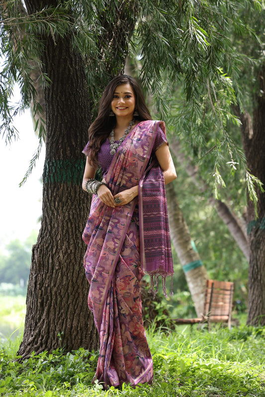 Jyoti Fashion Women's Purple Soft Tussar Silk Printed and Zari Woven Saree with Blouse | Swadesiicart