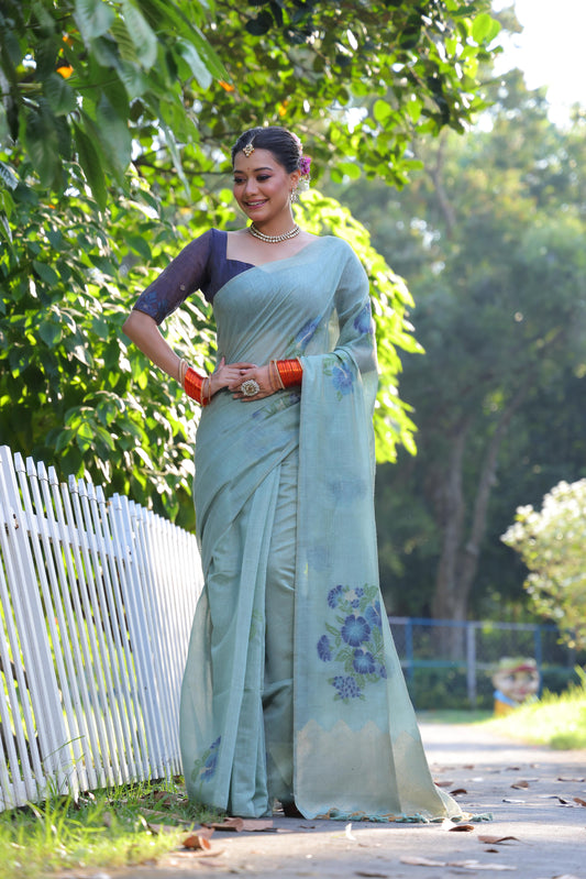 Jyoti Fashion Women's Sky Blue Soft Muga Cotton Resham Jamdani Weaving Traditional Saree with Blouse | Swadesiicart