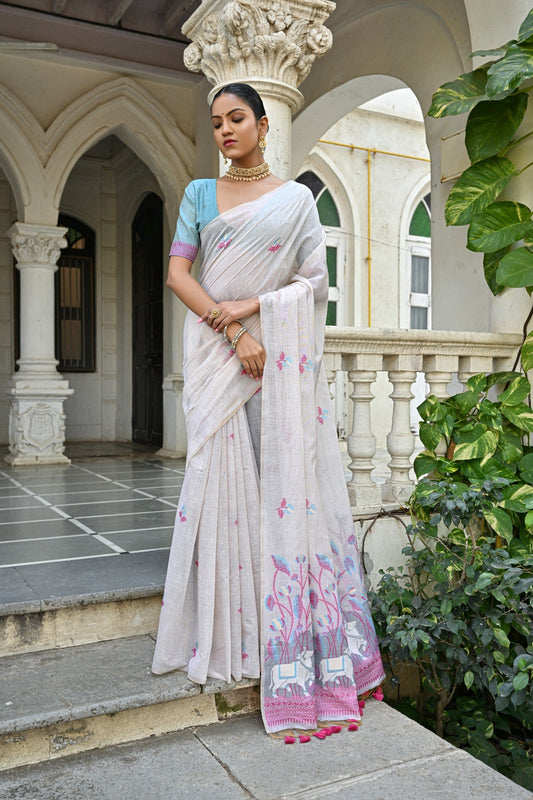 Jyoti Fashion Women's Pink Soft Muga Cotton Floral Weaving Traditional Saree with Blouse | Swadesiicart