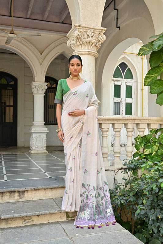Jyoti Fashion Women's Wine Soft Muga Cotton Floral Weaving Traditional Saree with Blouse | Swadesiicart