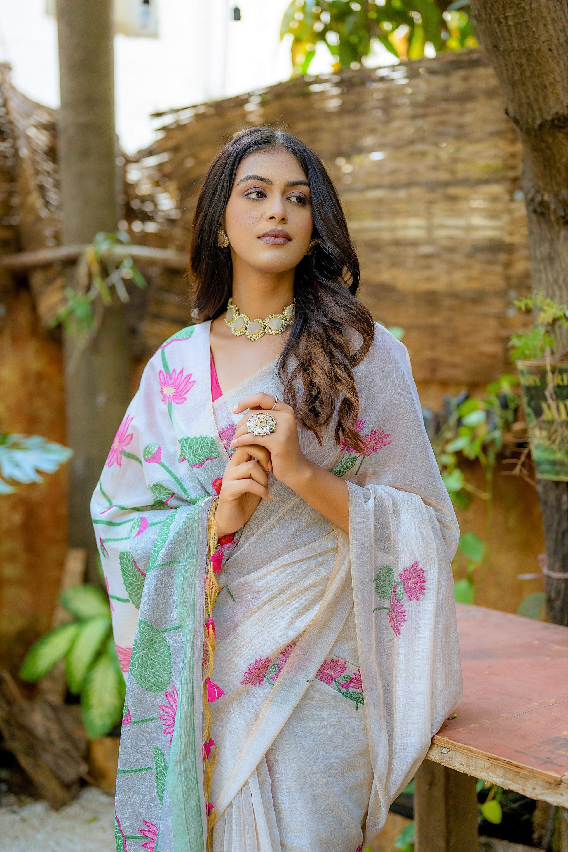 Jyoti Fashion Women's Pink Soft Muga Cotton Floral Weaving Traditional Saree with Blouse | Swadesiicart