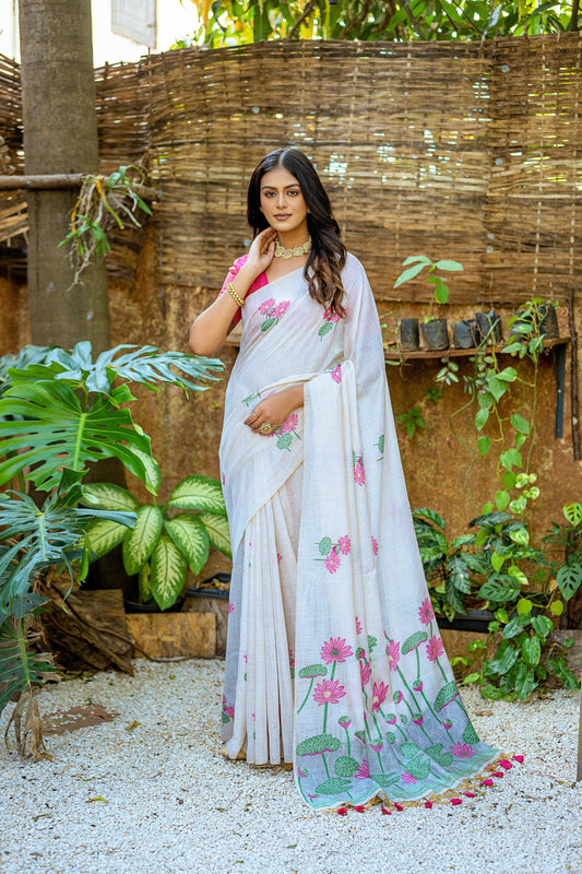 Jyoti Fashion Women's Pink Soft Muga Cotton Floral Weaving Traditional Saree with Blouse | Swadesiicart