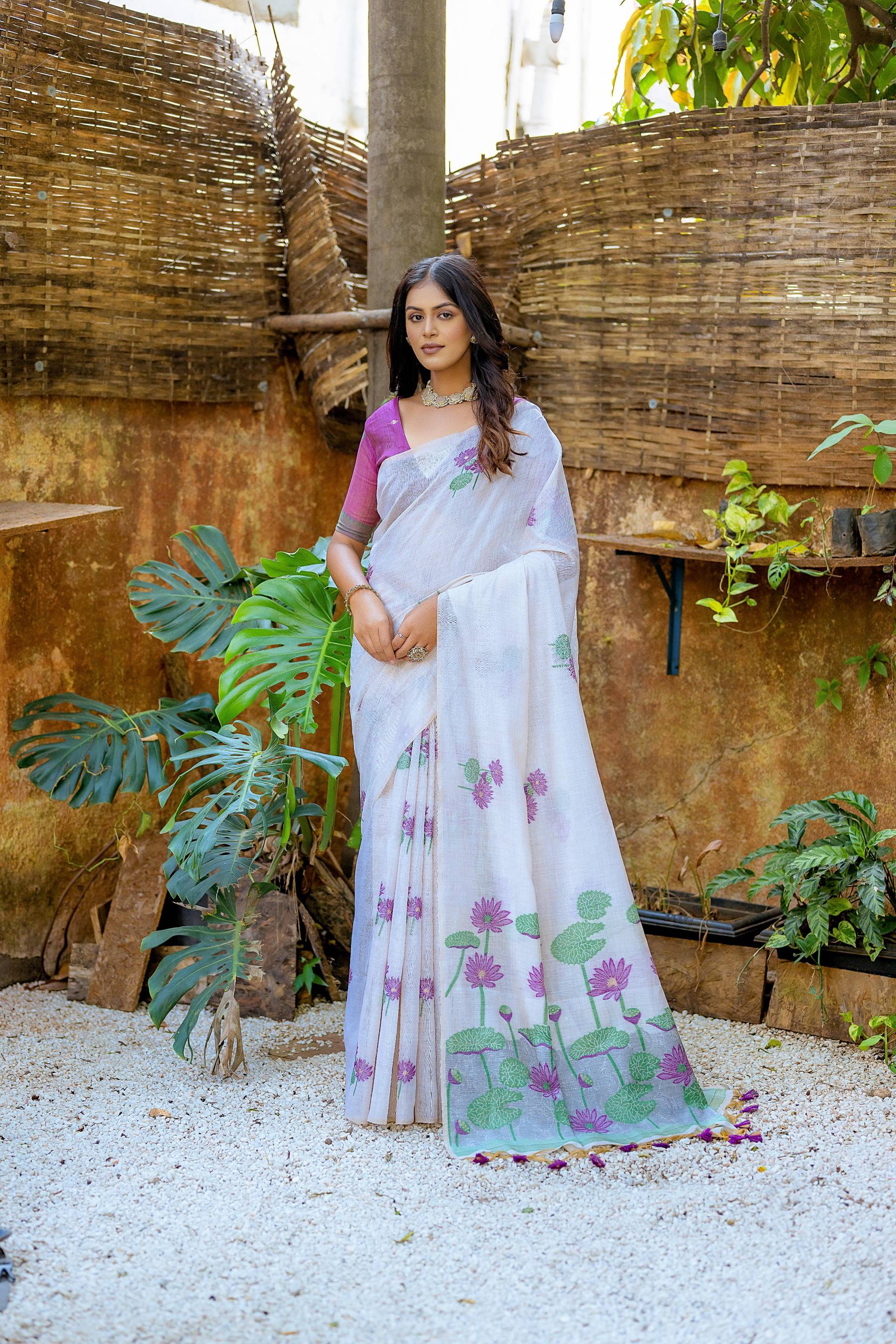 Jyoti Fashion Women's Wine Soft Muga Cotton Floral Weaving Traditional Saree with Blouse | Swadesiicart