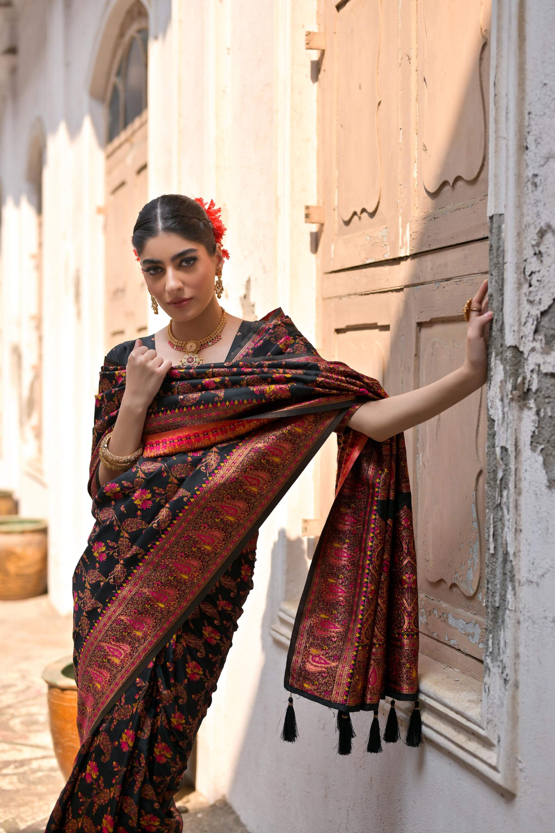 Jyoti Fashion Women's Black Soft Pashmina Silk Meena Zari Woven Saree with Blouse
