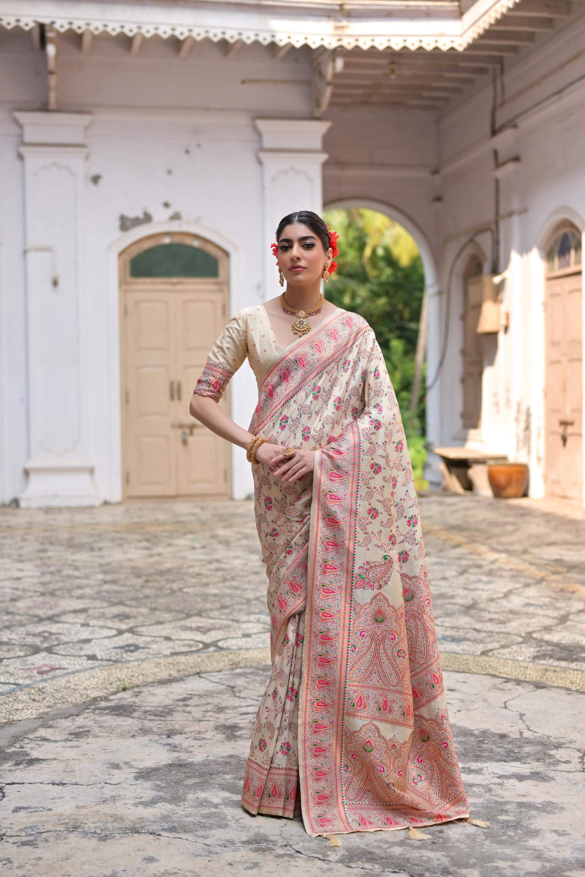 Jyoti Fashion Women's Cream Soft Pashmina Silk Meena Zari Woven Saree with Blouse