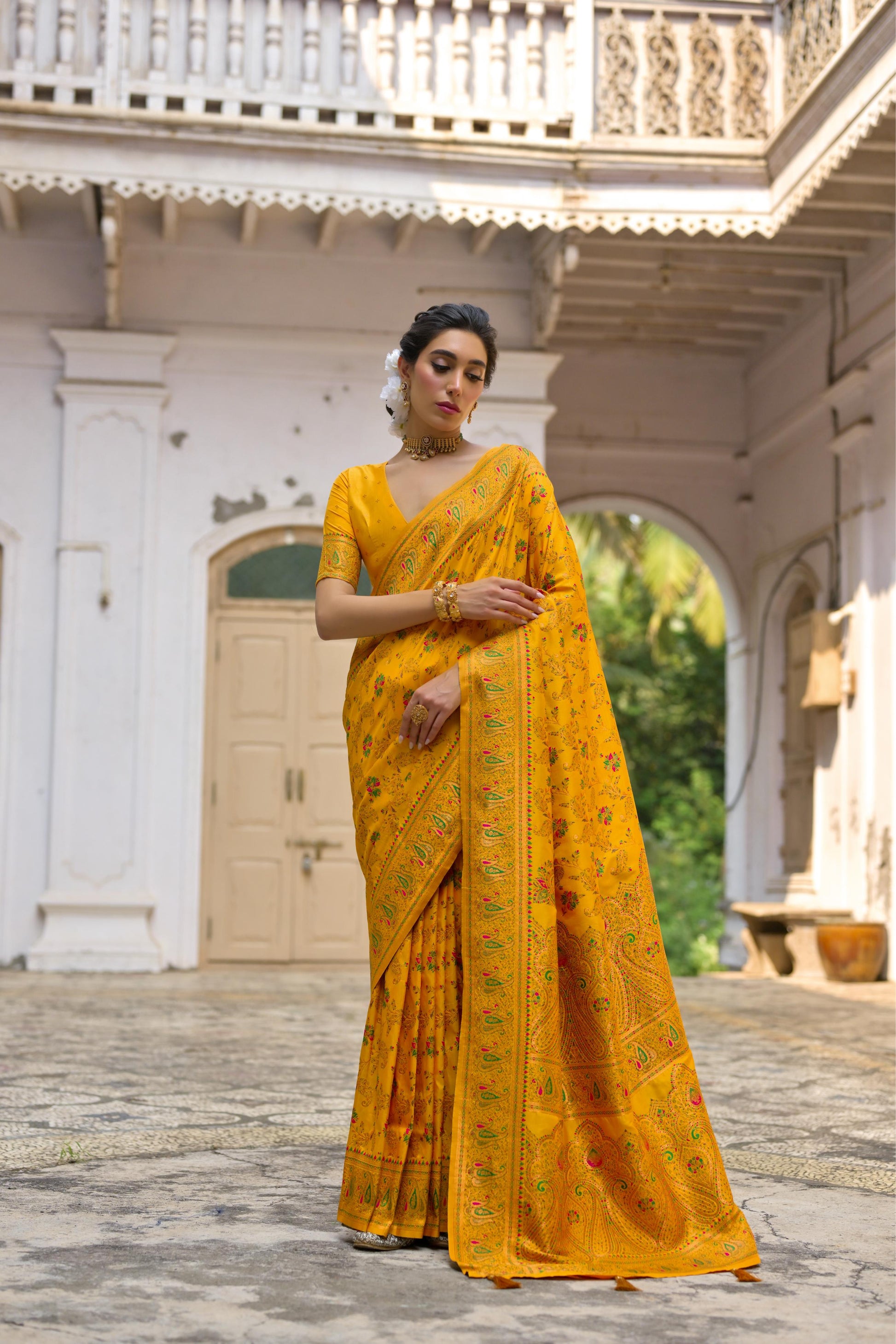 Jyoti Fashion Women's Yellow Soft Pashmina Silk Meena Zari Woven Saree with Blouse