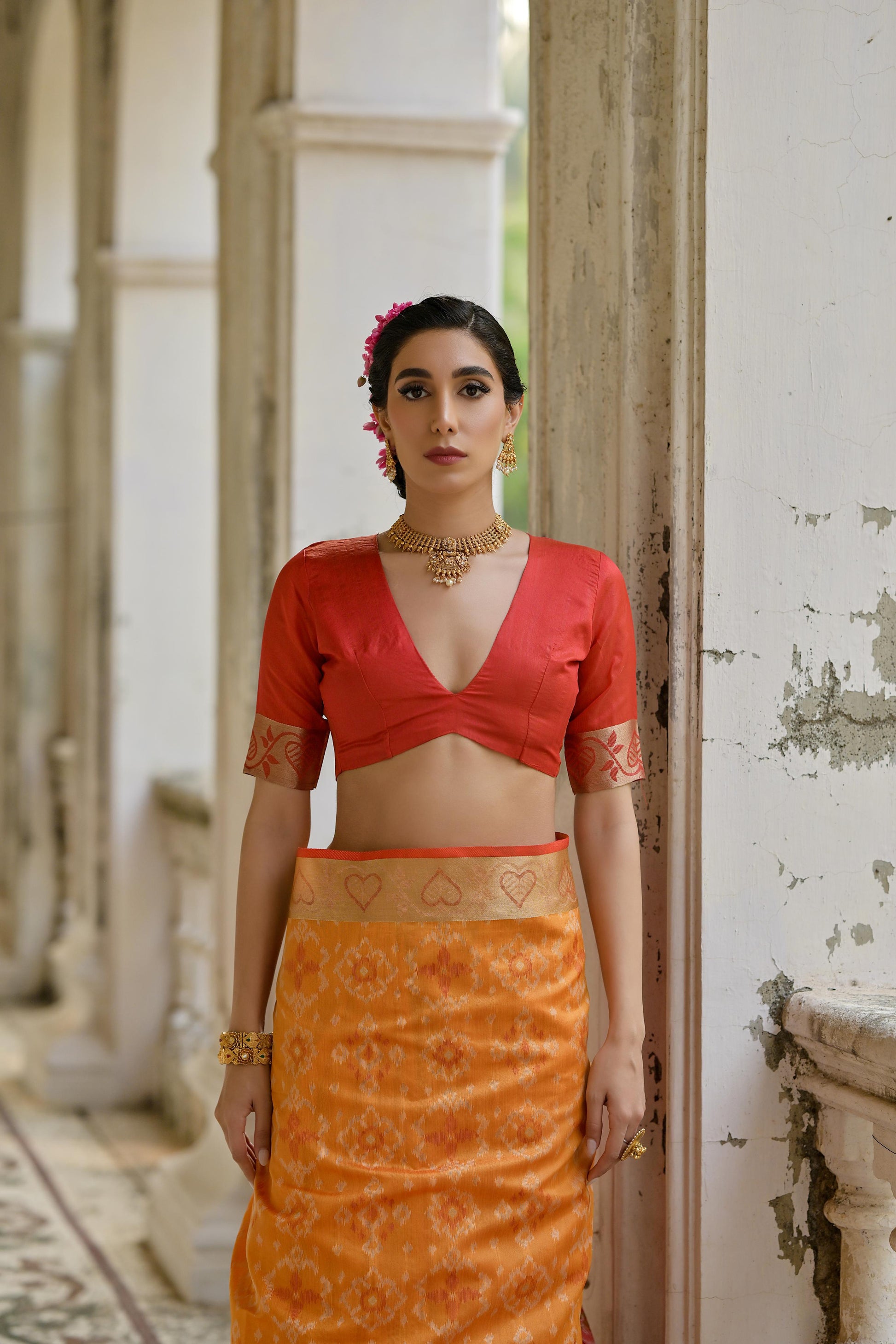 Jyoti Fashion Women's Orange Soft Raw Silk Zari Woven Saree with Blouse