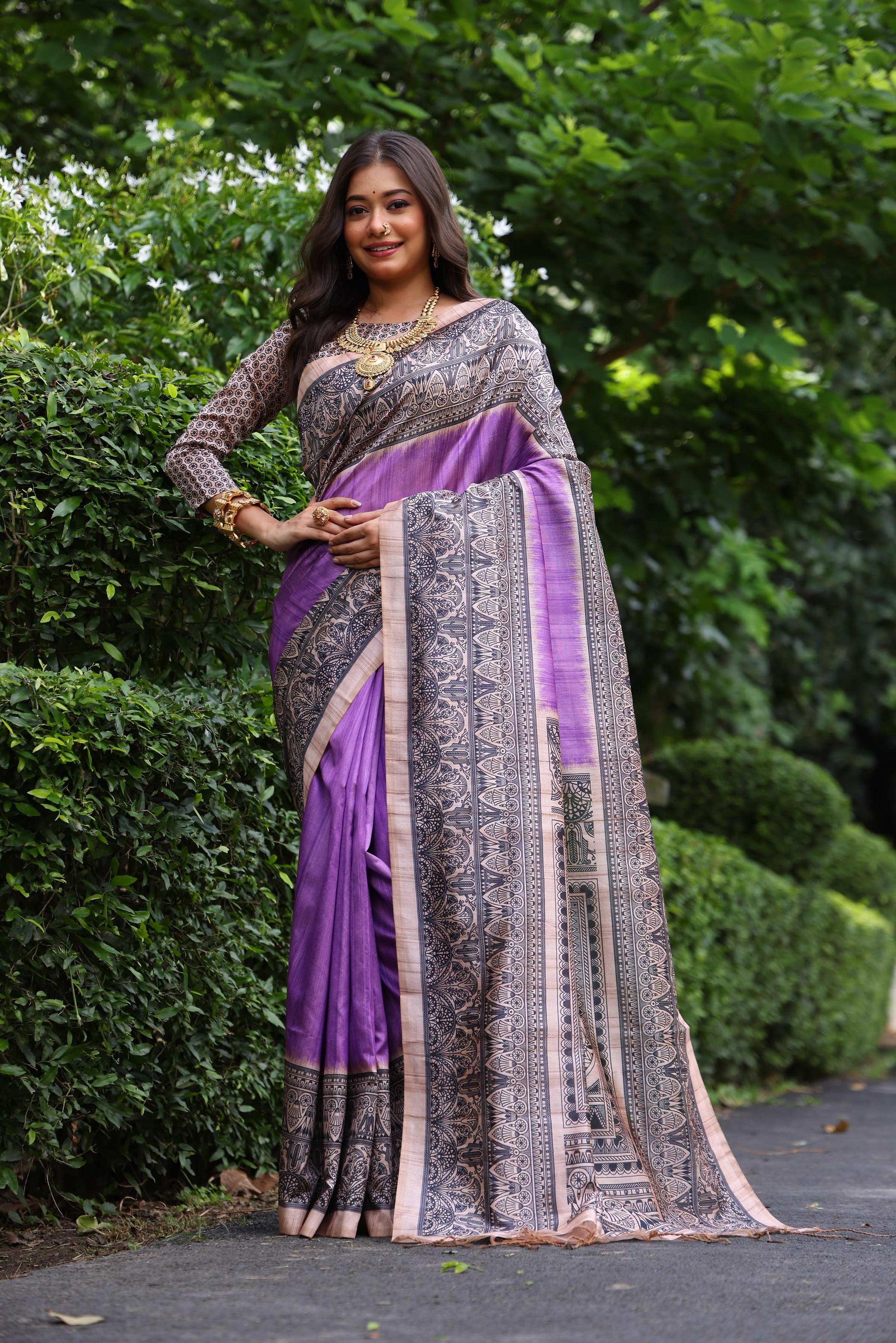 Jyoti Fashion Women's Purple Soft Tussar Silk Madhubani Printed Saree with Blouse