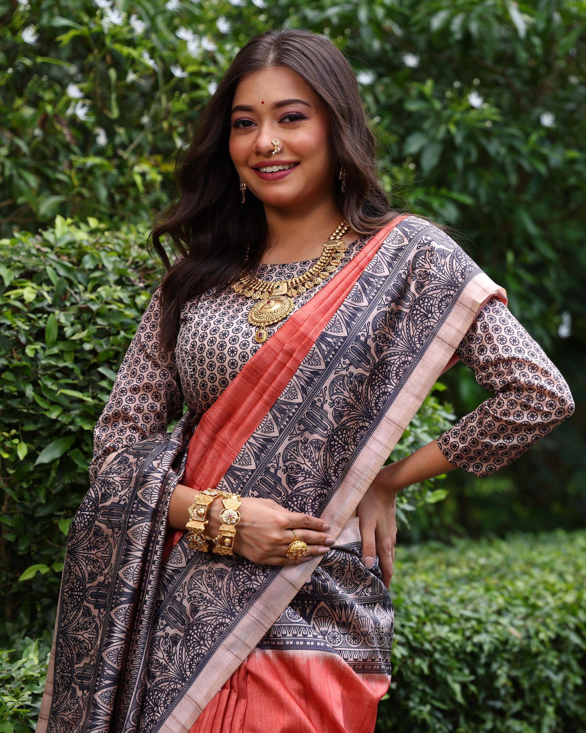 Jyoti Fashion Women's Red Soft Tussar Silk Madhubani Printed Saree with Blouse