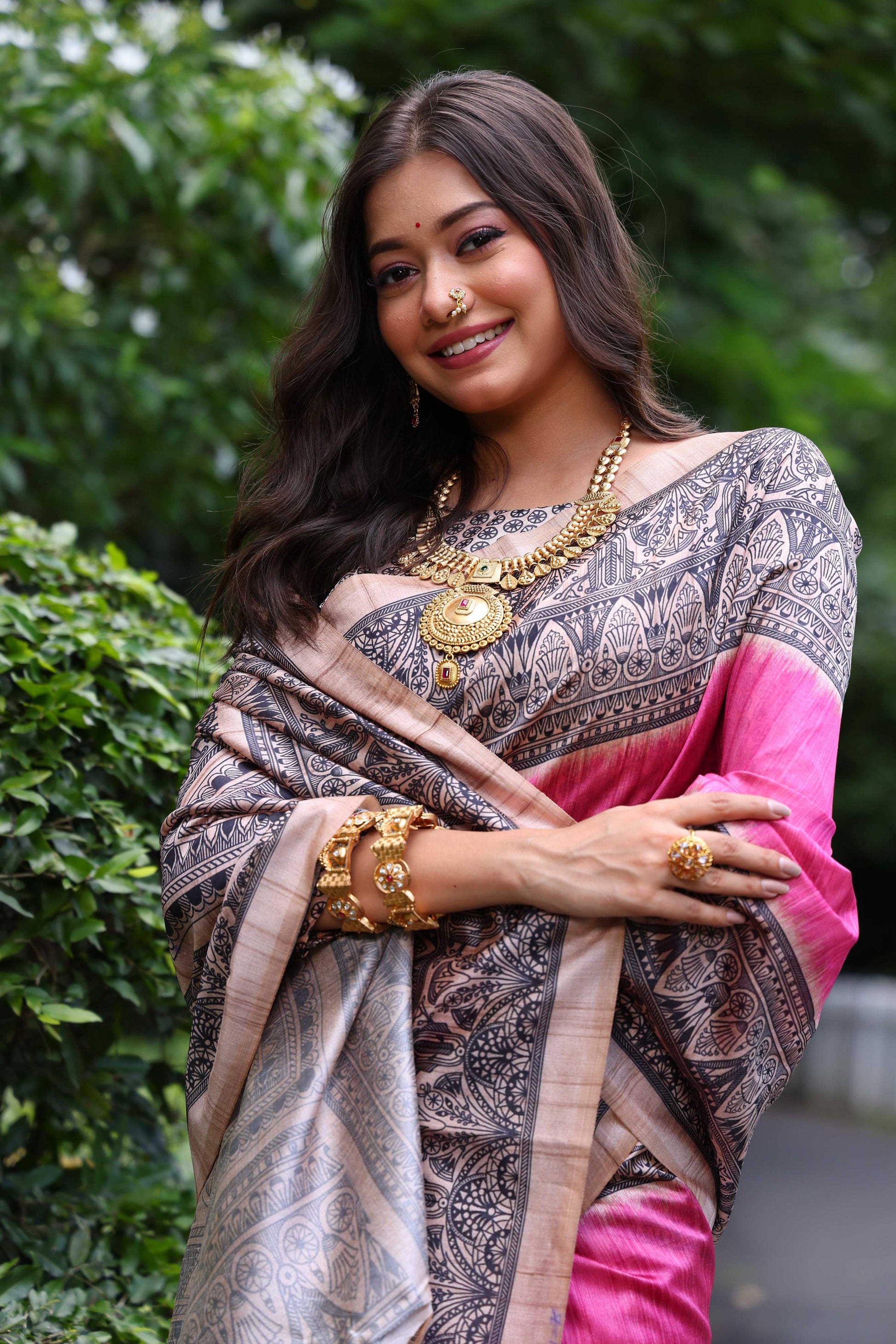 Jyoti Fashion Women's Pink Soft Tussar Silk Madhubani Printed Saree with Blouse