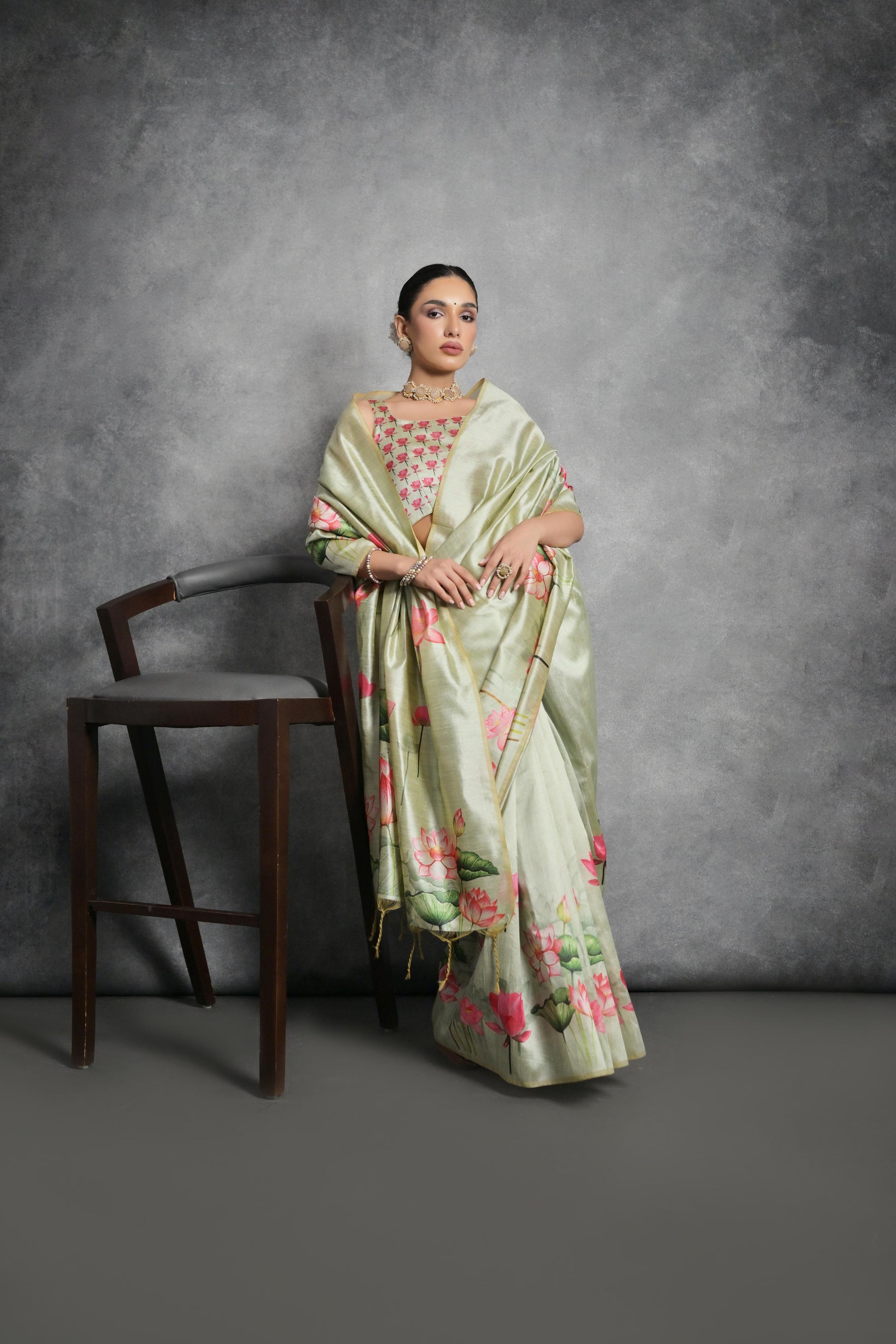Jyoti Fashion Women's Pista Green Soft Tussar Silk Floral Printed Saree with Blouse