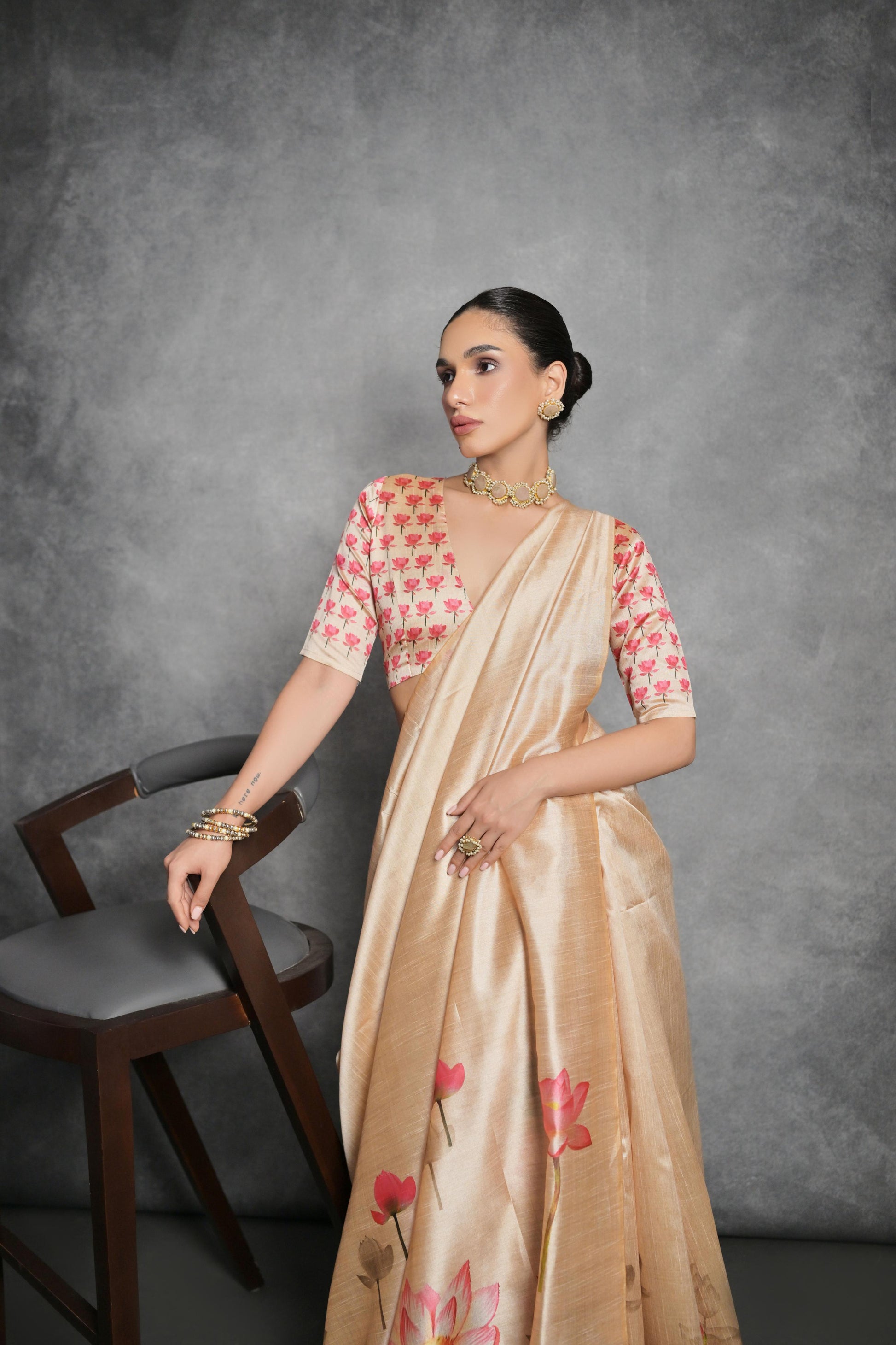 Jyoti Fashion Women's Cream Soft Tussar Silk Floral Printed Saree with Blouse