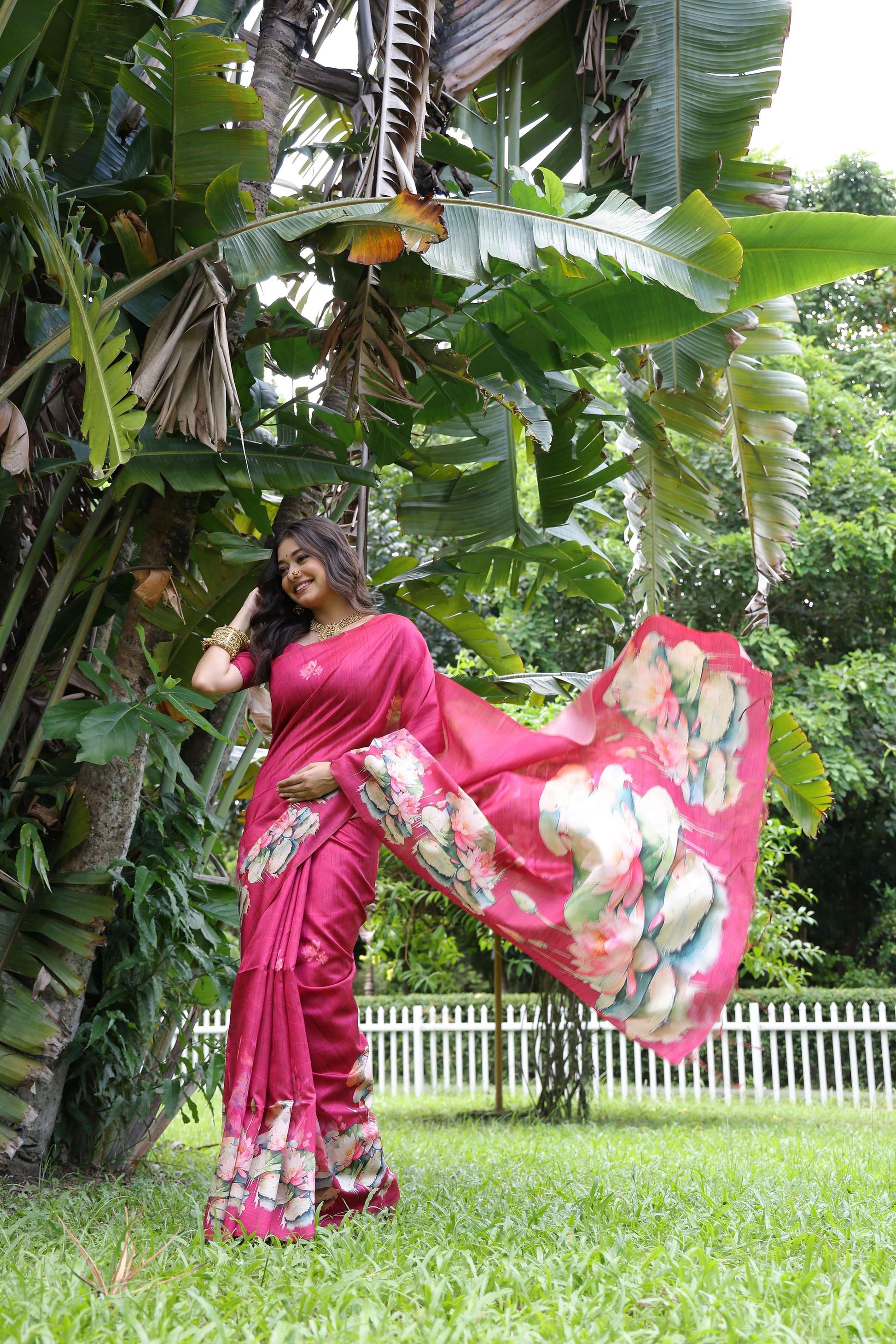 Jyoti Fashion Women's Rani Pink Soft Tussar Silk Floral Printed Saree with Blouse
