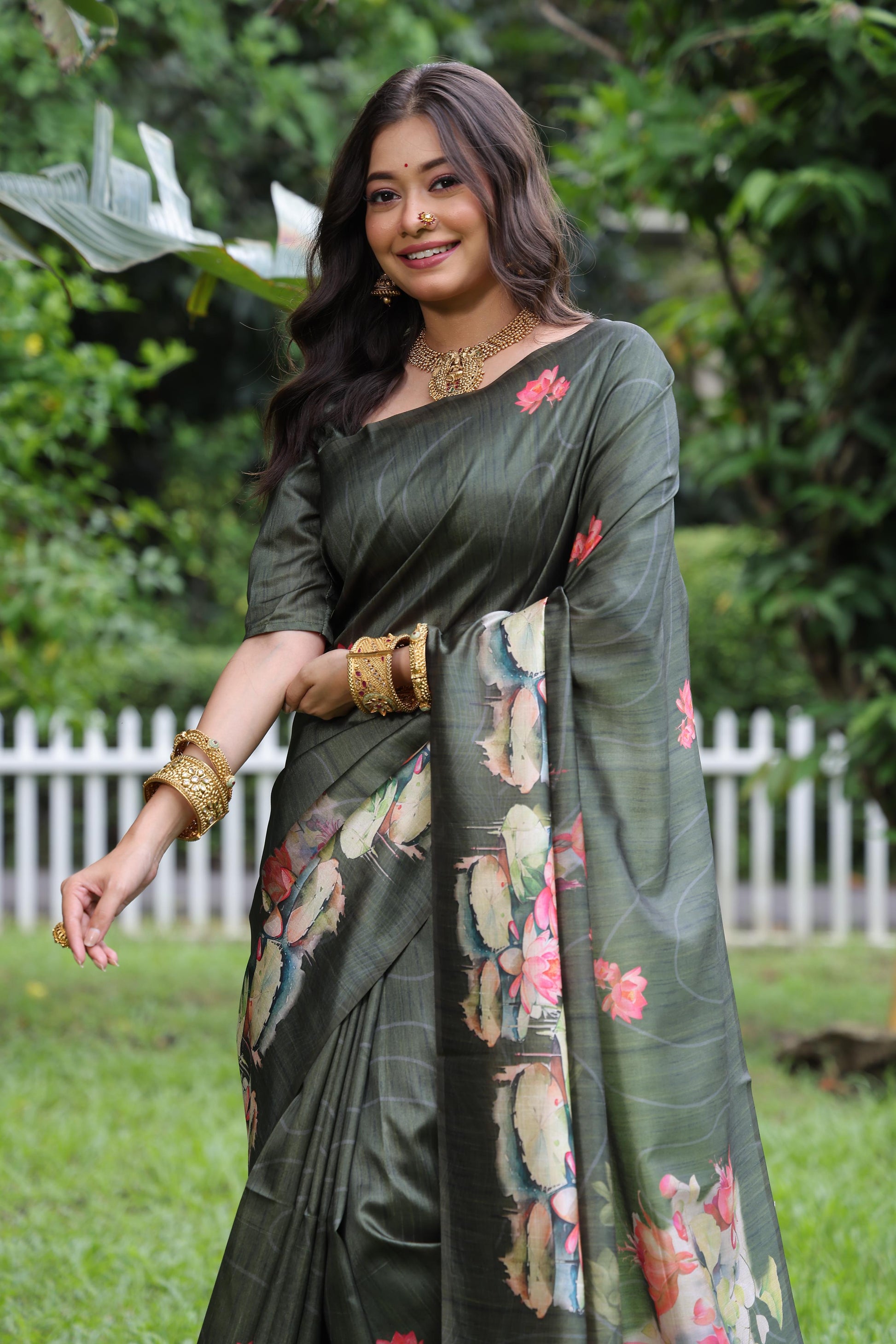 Jyoti Fashion Women's Mehendi Soft Tussar Silk Floral Printed Saree with Blouse