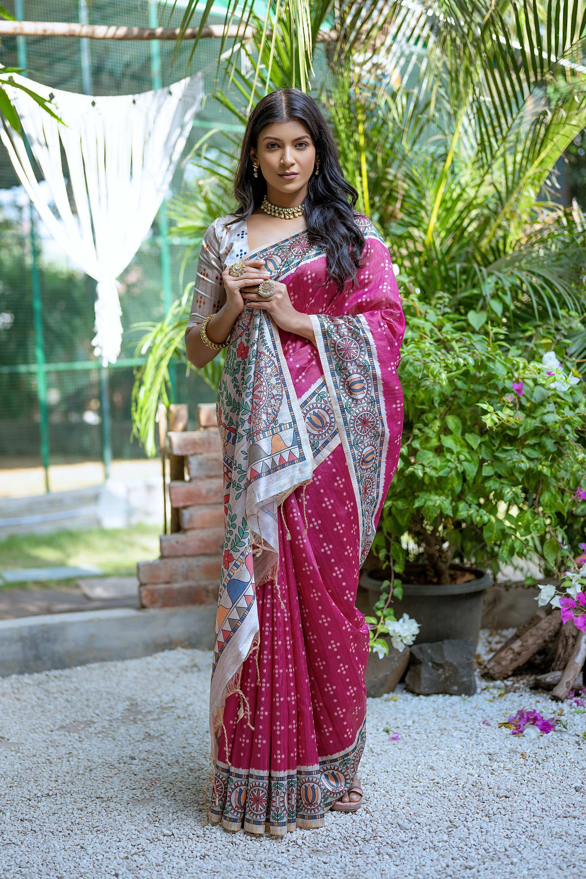 Jyoti Fashion Women's Rani Pink Soft Tussar Silk Madhubani Printed Saree with Blouse