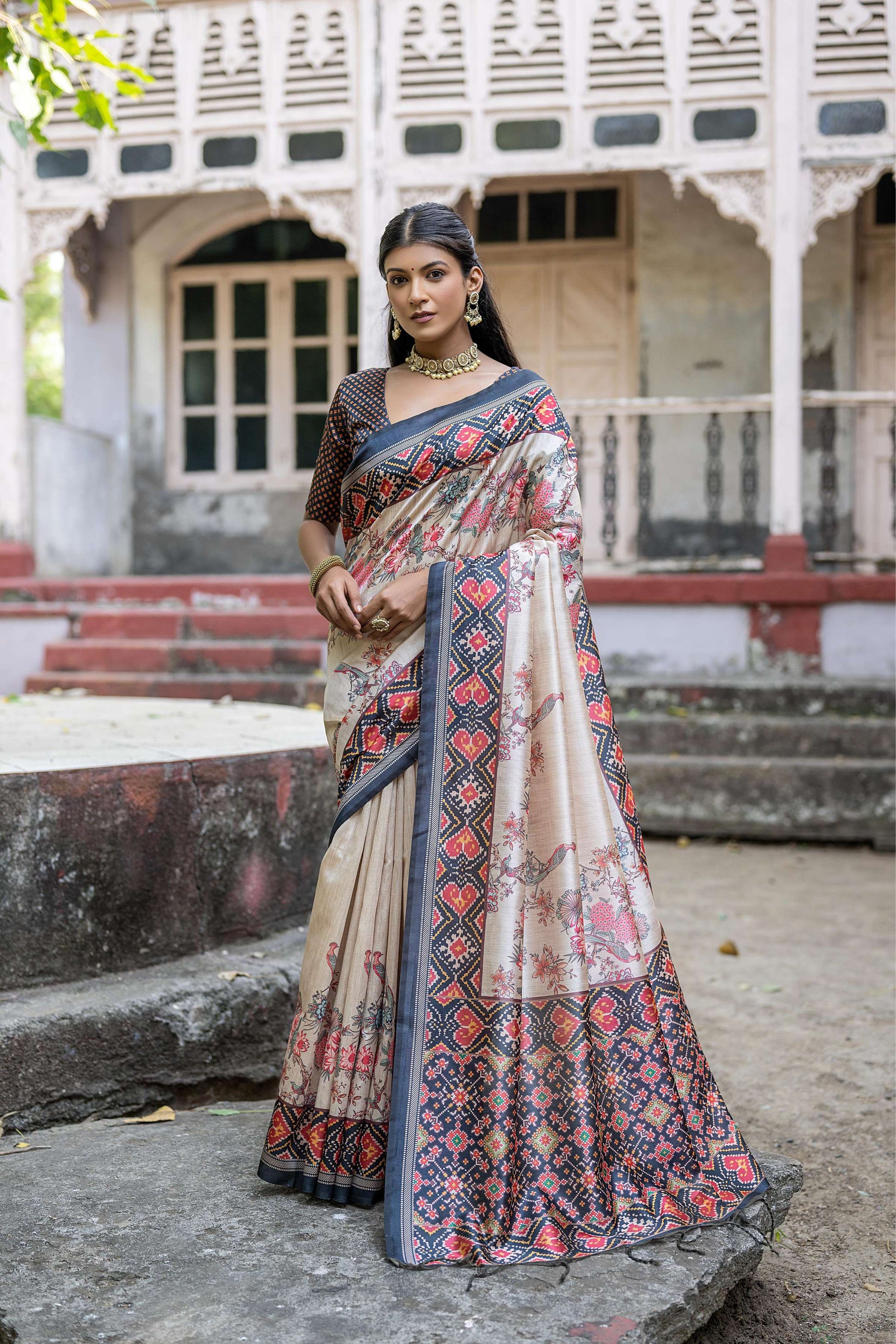 Jyoti Fashion Women's Navy Blue Soft Tussar Silk Floral Printed Saree with Blouse