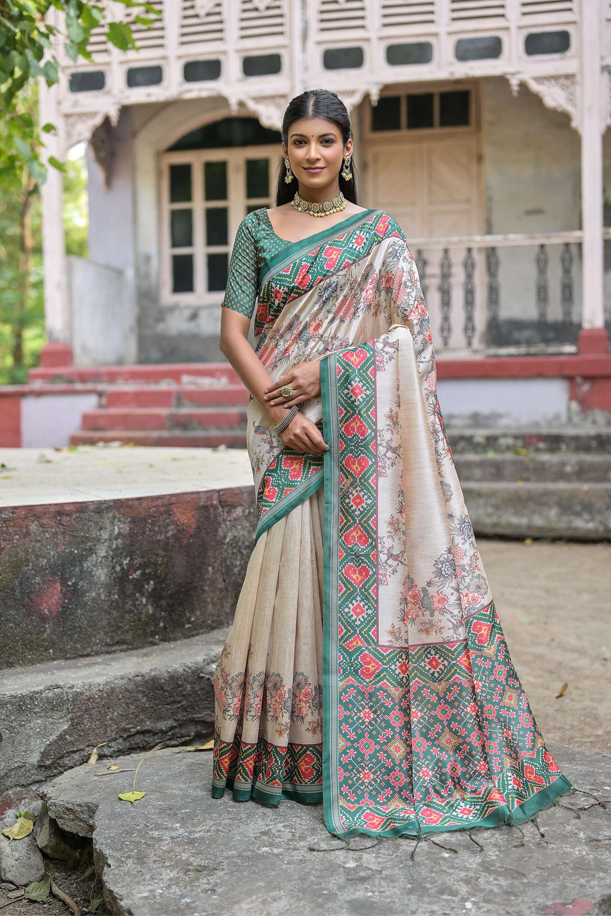Jyoti Fashion Women's Rama Soft Tussar Silk Floral Printed Saree with Blouse