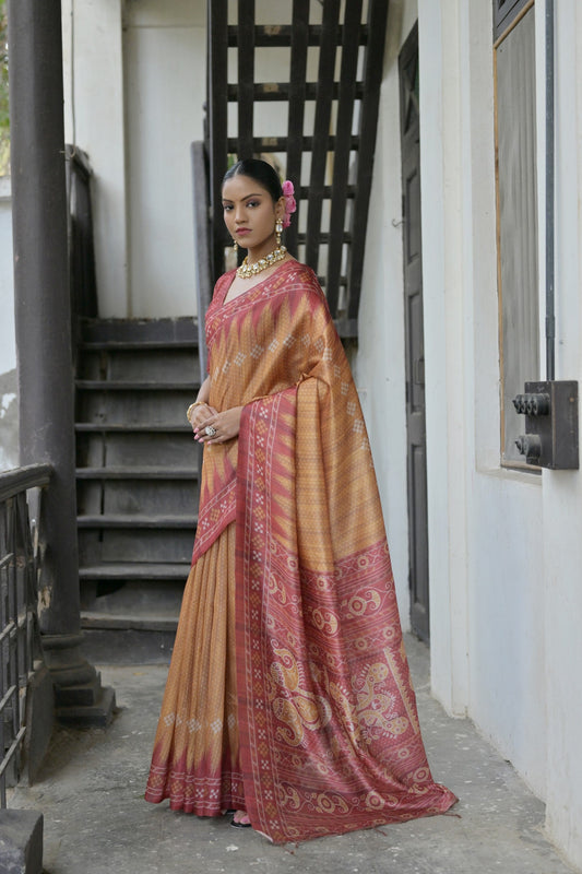 Jyoti Fashion Women's Mustard Soft Tussar Silk Temple Border Saree with Blouse