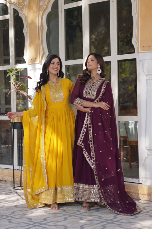 Jyoti Fashion Women's Yellow & Wine Faux Georgette Rich Sequins Embroidered Combo Anarkali Set with Dupatta
