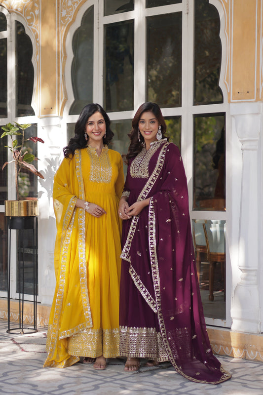 Jyoti Fashion Women's Yellow & Wine Faux Georgette Rich Sequins Embroidered Combo Anarkali Set with Dupatta