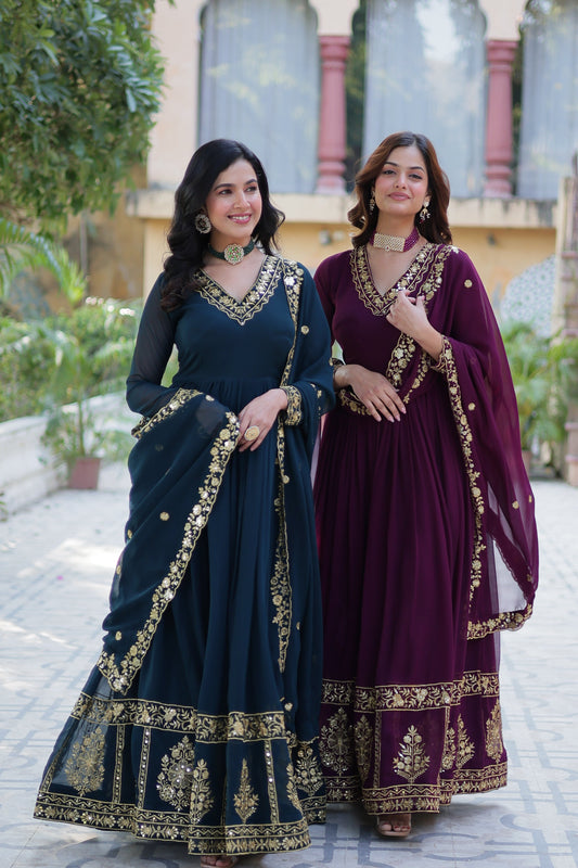 Jyoti Fashion Women's Rama & Wine Faux Georgette Zari Thread & Sequins Embroidered Combo Anarkali Set with Dupatta
