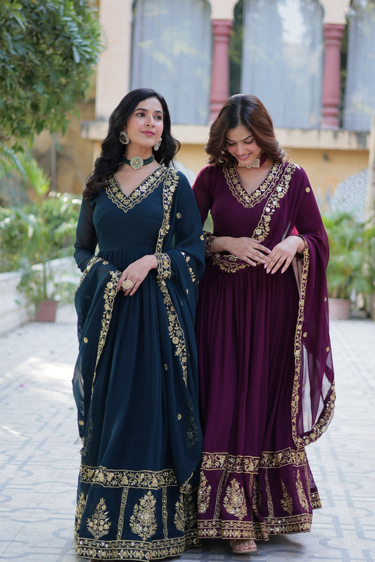Jyoti Fashion Women's Rama & Wine Faux Georgette Zari Thread & Sequins Embroidered Combo Anarkali Set with Dupatta