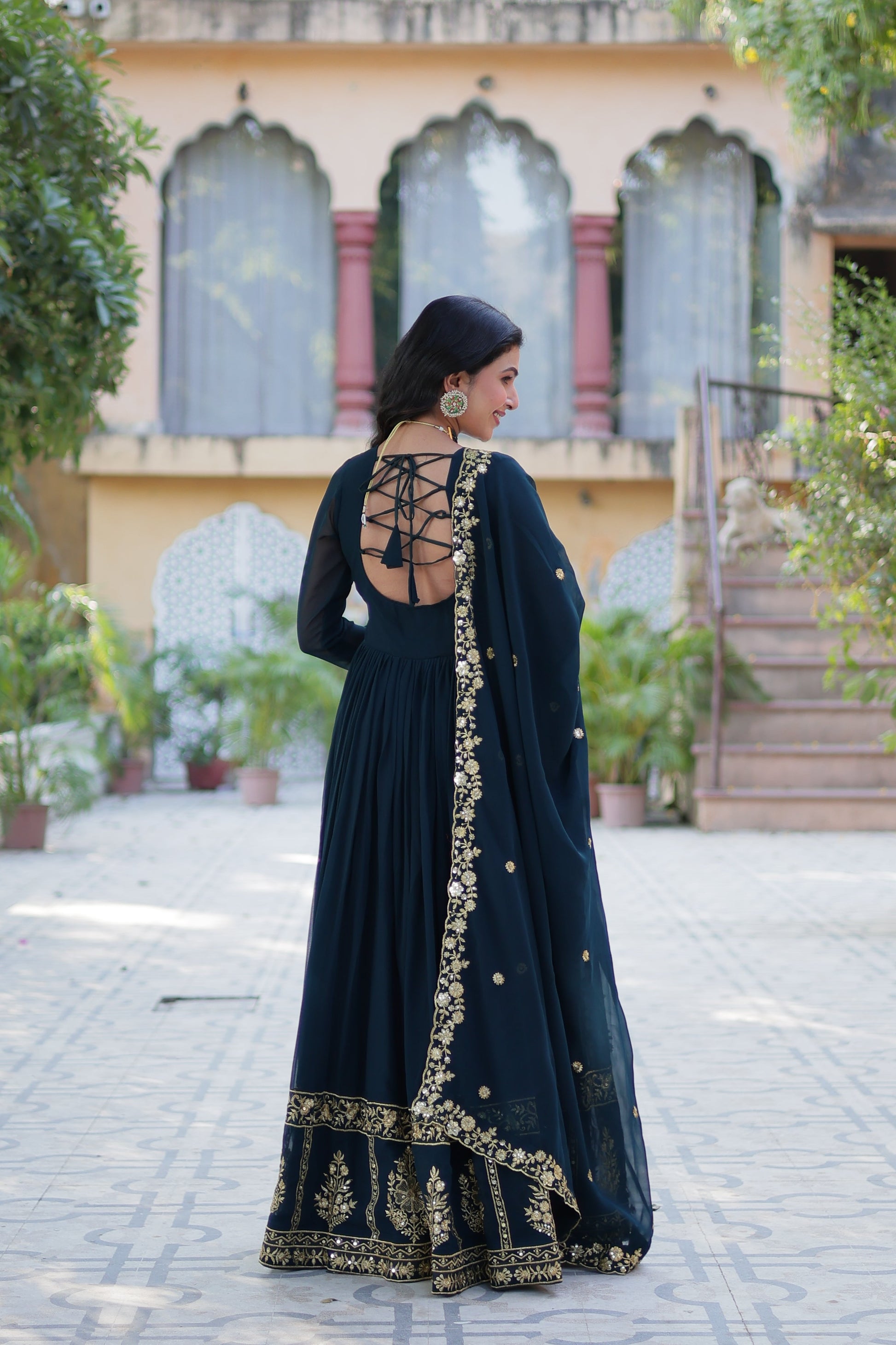 Jyoti Fashion Women's Rama Faux Georgette Zari Thread & Sequins Embroidered Anarkali Set with Dupatta
