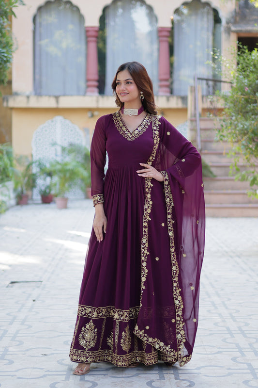 Jyoti Fashion Women's Wine Faux Georgette Zari Thread & Sequins Embroidered Anarkali Set with Dupatta