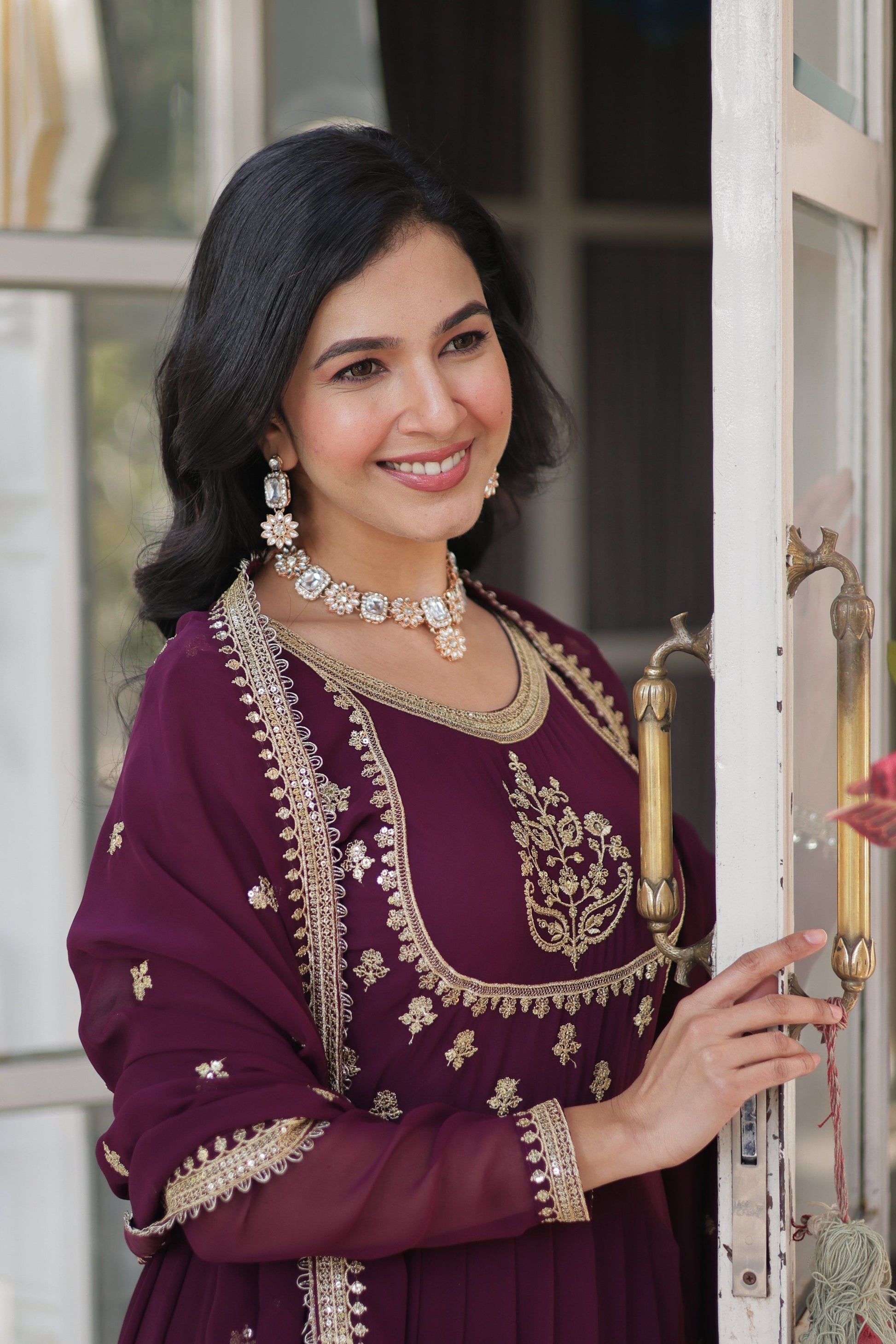 Jyoti Fashion Women's Wine Faux Georgette Rich Sequins Embroidered Anarkali Set with Dupatta