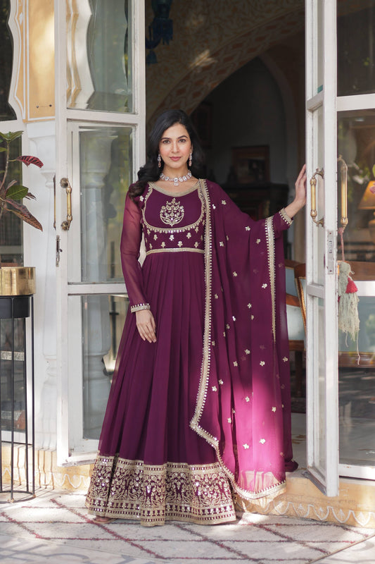 Jyoti Fashion Women's Wine Faux Georgette Rich Sequins Embroidered Anarkali Set with Dupatta