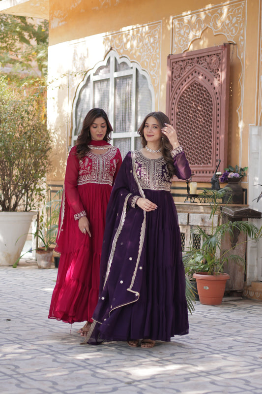 Jyoti Fashion Women's Pink & Wine Faux Georgette Embroidered Pearl Work Combo Anarkali Set with Dupatta