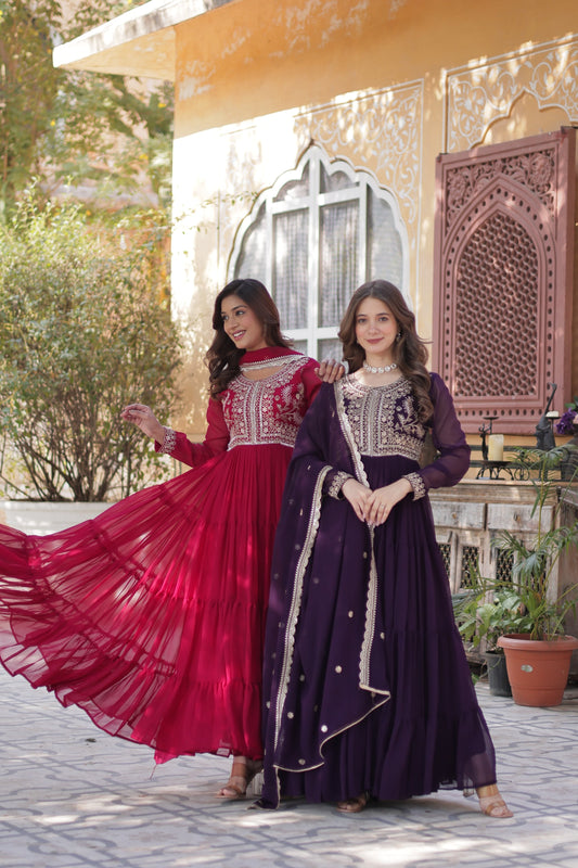 Jyoti Fashion Women's Pink & Wine Faux Georgette Embroidered Pearl Work Combo Anarkali Set with Dupatta