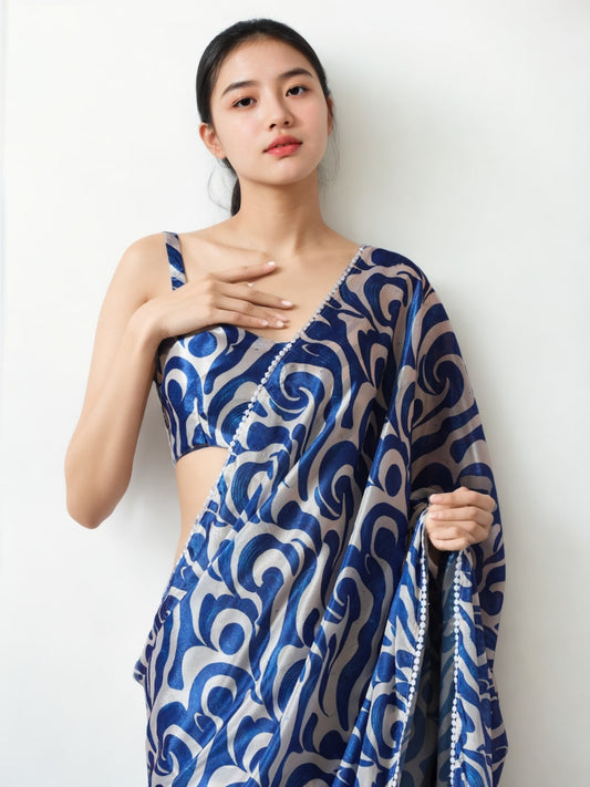 Jyoti Fashion Women's Blue Chinon Digital Printed Ready To Wear Saree with Blouse