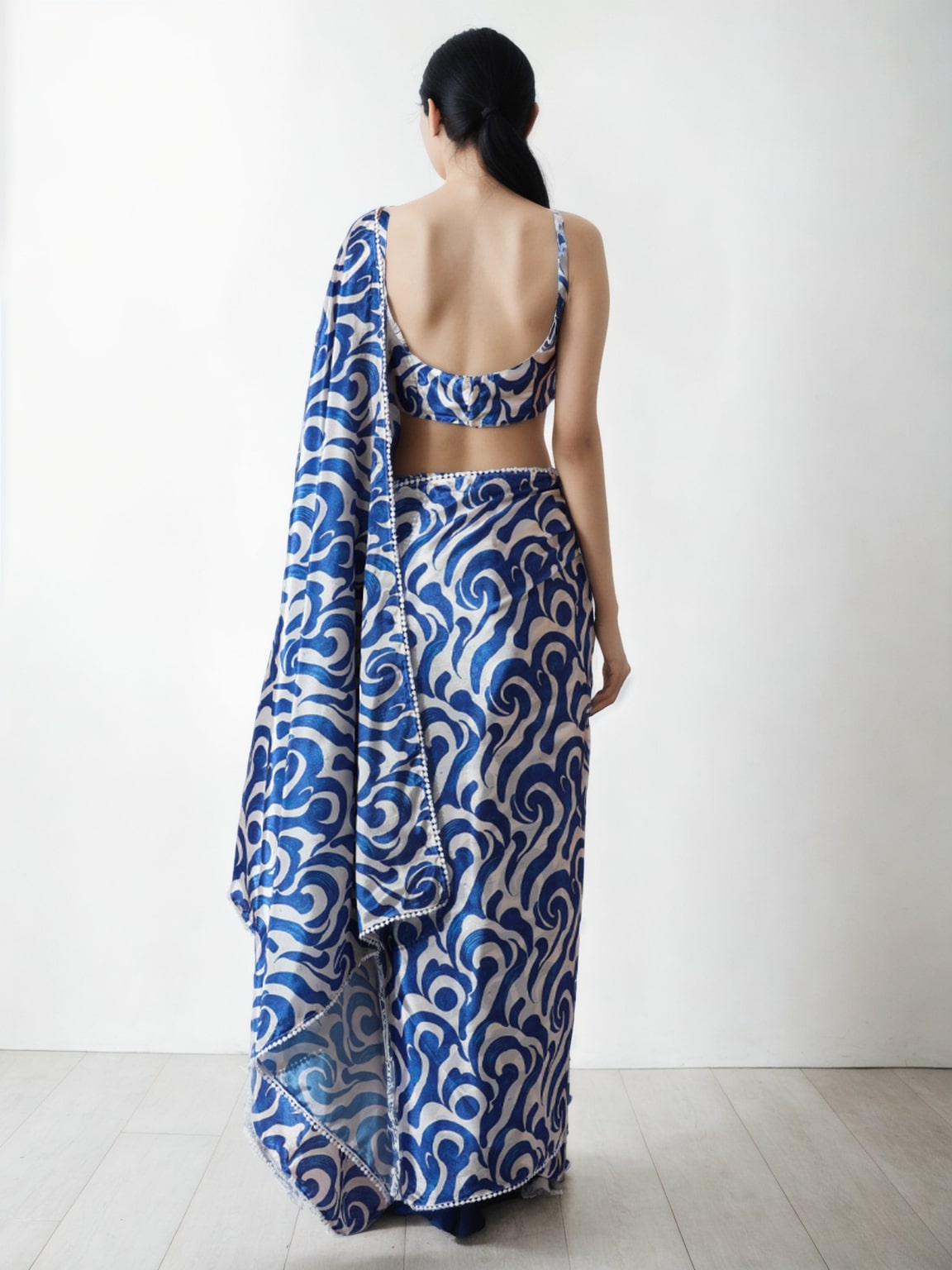 Jyoti Fashion Women's Blue Chinon Digital Printed Ready To Wear Saree with Blouse