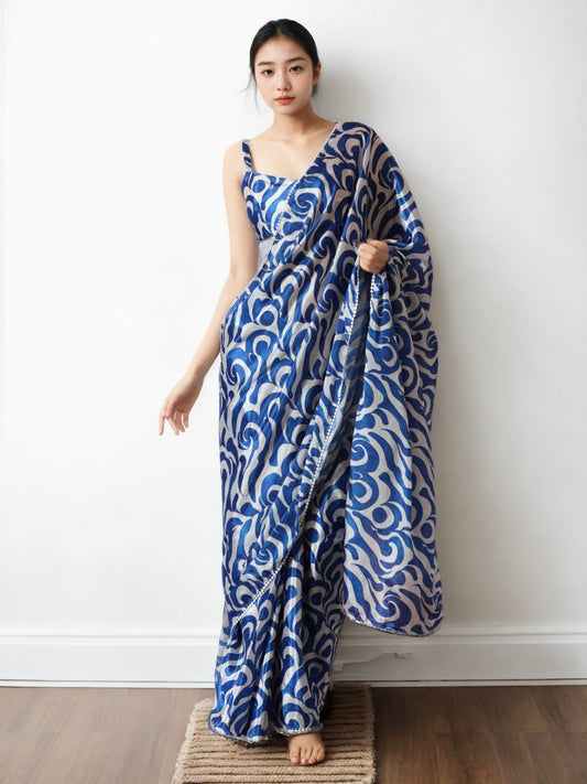 Jyoti Fashion Women's Blue Chinon Digital Printed Ready To Wear Saree with Blouse