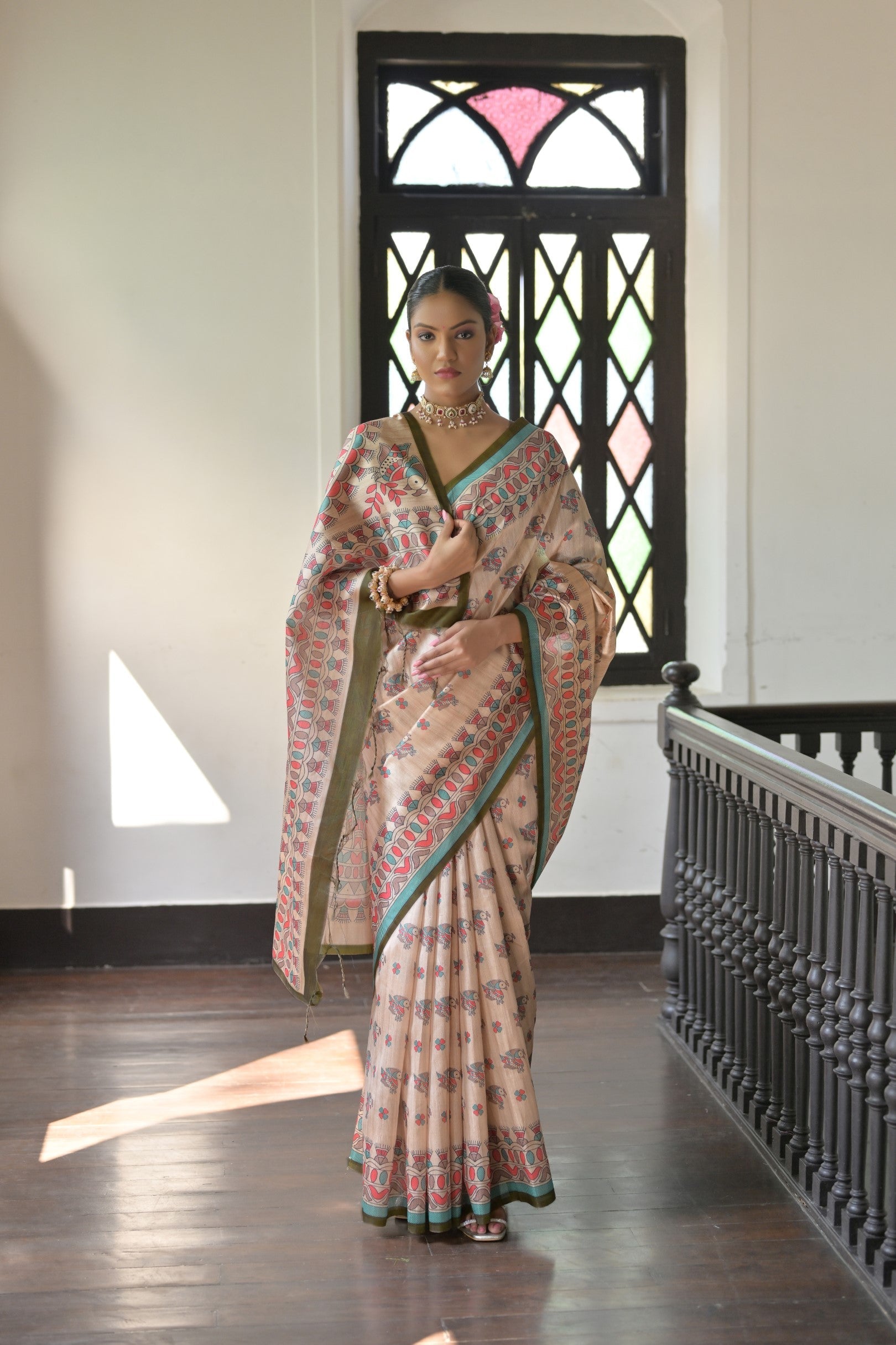 Jyoti Fashion Women's Mehendi Soft Tussar Silk Printed Designer Saree with Blouse | Swadesiicart