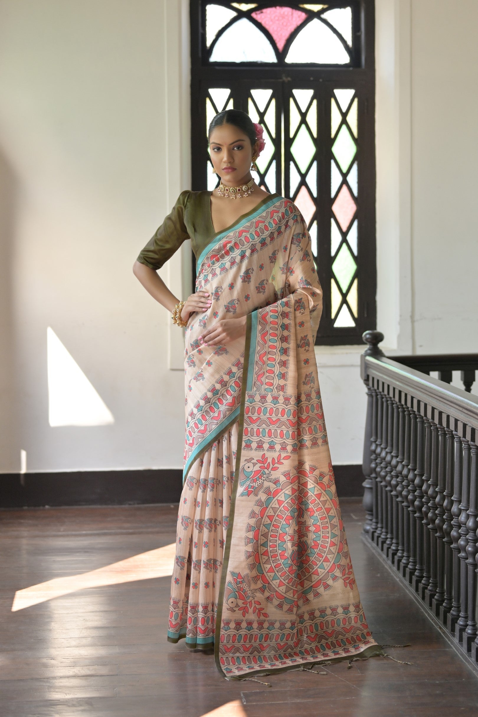Jyoti Fashion Women's Mehendi Soft Tussar Silk Printed Designer Saree with Blouse | Swadesiicart