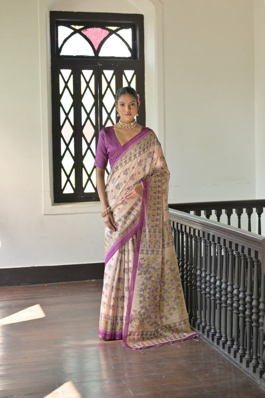 Jyoti Fashion Women's Wine Soft Tussar Silk Printed Designer Saree with Blouse | Swadesiicart