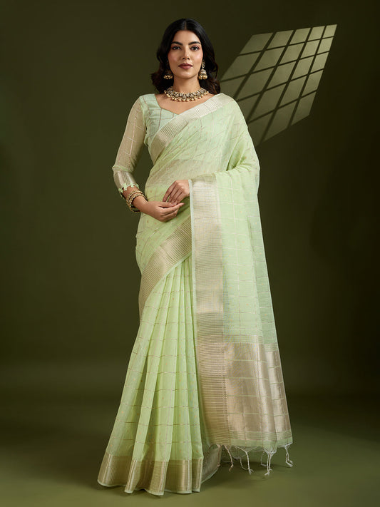 Jyoti Fashion Women's Sea Green Tissue Linen Silk Zari Woven Designer Saree with Blouse | Swadesiicart