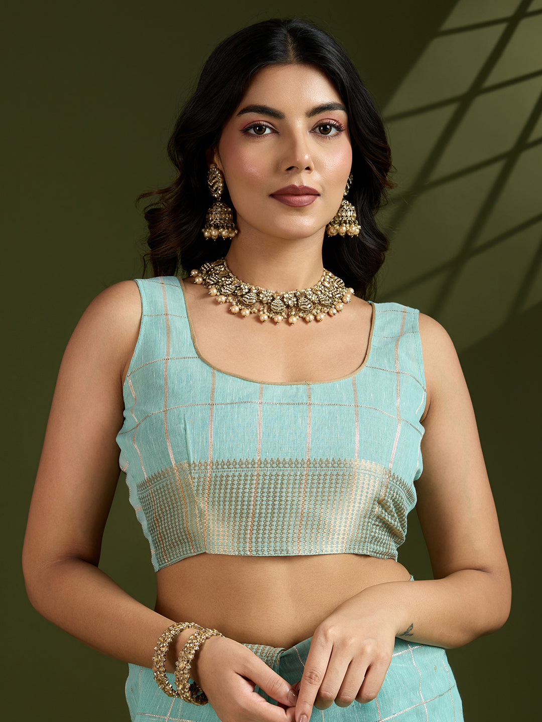 Jyoti Fashion Women's Sky Blue Tissue Linen Silk Zari Woven Designer Saree with Blouse | Swadesiicart