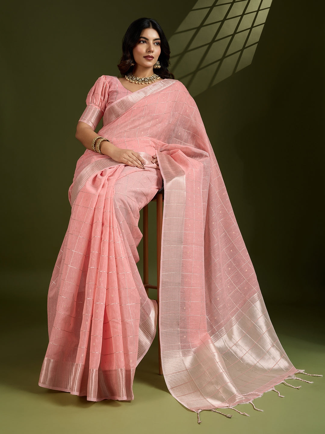 Jyoti Fashion Women's Peach Tissue Linen Silk Zari Woven Designer Saree with Blouse | Swadesiicart